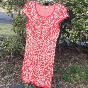 Arden B White Art Print on Orange Short Sleeve Knit Midi Dress